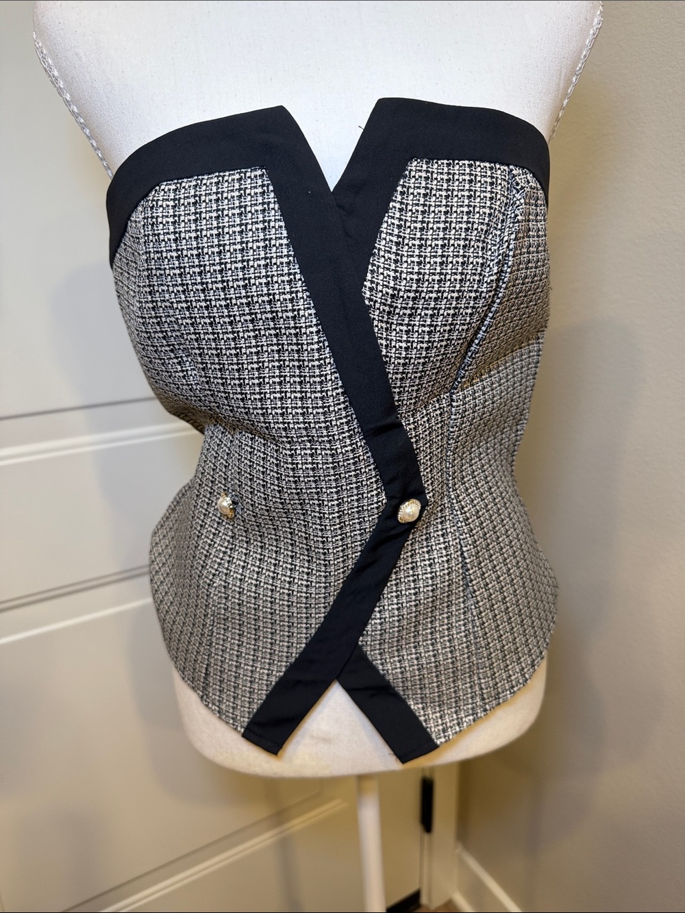SHEIN Black and Gray Tweed Strapless Peplum Bustier Top